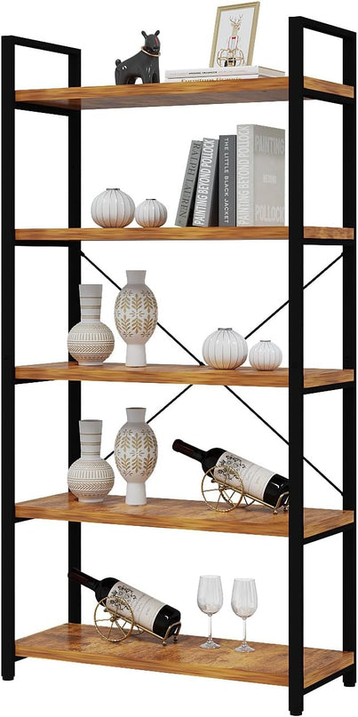 Tall Bookshelf with Large Storage,5 Tier Bookcase in Bedroom,Living Room and Office,Modern Wide Bookcase Shelf for Storing Books/Plants,Brown - LeafyLoom