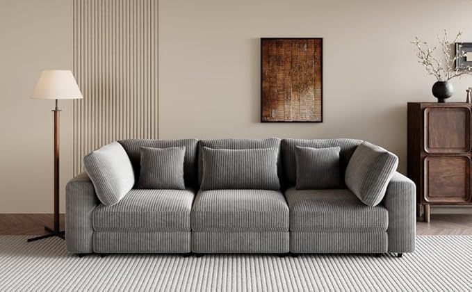 Morden Soft Corduroy Upholstered 3 Seater Sofa Couch with Removable Back Cushions and 5 Pillows for Living Room, Apartment, Office, 105", Gray-403 - LeafyLoom