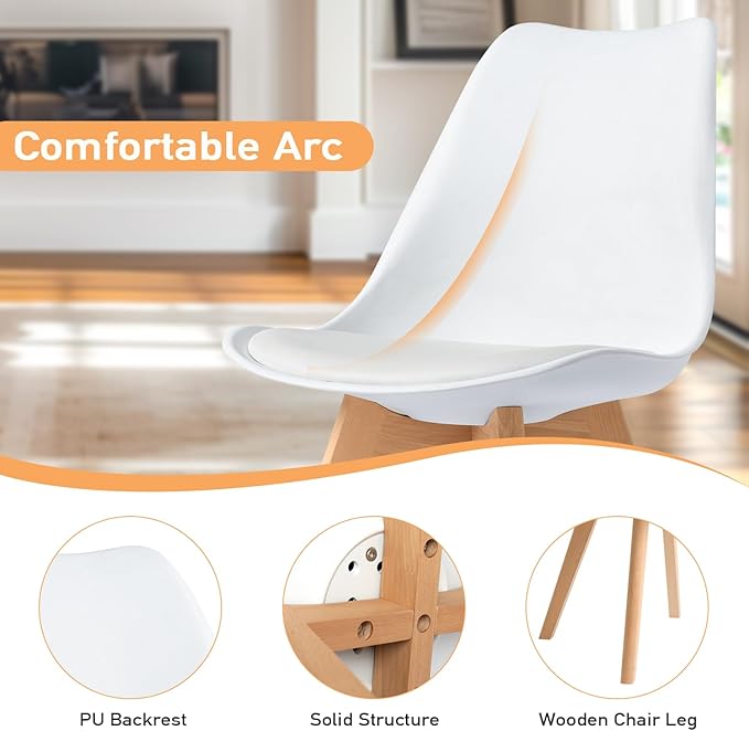 CangLong, White Modern Set, Shell Chair with Wood Legs for Kitchen, Dining, Living Room-Set of 4, Pack of 4 - LeafyLoom