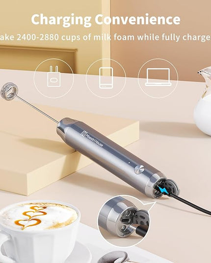 Maestri House Rechargeable Milk Frother with Stand, Handheld Electric Foam Maker Waterproof Detachable Stainless Steel Whisk Drink Mixer Foamer for Lattes, Cappuccino - LeafyLoom