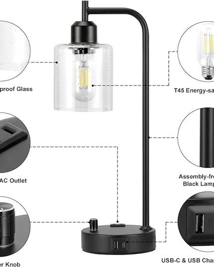 Industrial Table Lamps for Bedrooms Set of 2 - Fully Dimmable Bedside Lamps with USB A and C Ports and Outlet, Black Nightstand Lamps with Glass Shade for Living Room, Desk Lamps for Office Reading - LeafyLoom