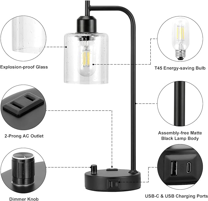 Industrial Table Lamps for Bedrooms Set of 2 - Fully Dimmable Bedside Lamps with USB A and C Ports and Outlet, Black Nightstand Lamps with Glass Shade for Living Room, Desk Lamps for Office Reading - LeafyLoom