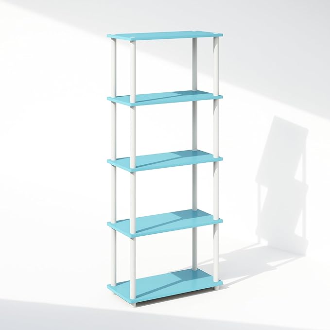 Furinno Turn-N-Tube 5-Tier Multipurpose Compact Display Rack, Shelving Unit, Bookcase, Light Blue/White - LeafyLoom