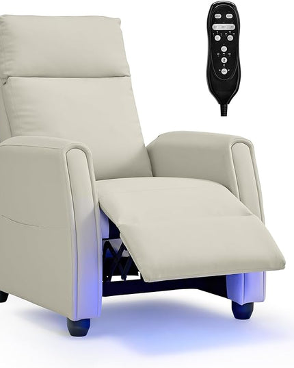 Recliner Chair for Adults PU Leather Push Back Armchair with 4 Colors Ambient Lighting Home Theater Seating with Massage & Heat Vibration Single Sofa for Living Room, Cream - LeafyLoom