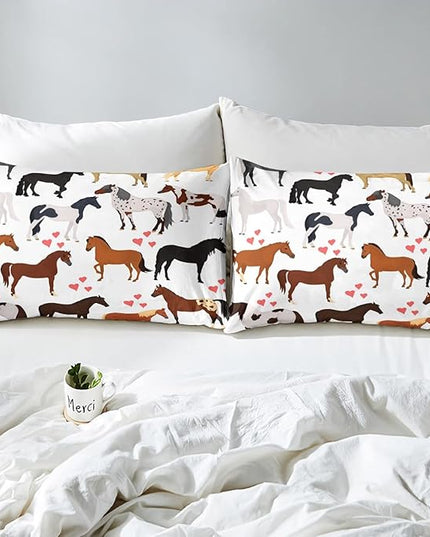 Kawaii Comforter Horse Comforter Set Queen Farm Bedding Set Kids Boys Girls Cute Animal Duvet Set Cartoon Horses with Pink Lover Heart Bedroom Decor Duvet Set Cowboy Cowgirls Comforter Set - LeafyLoom