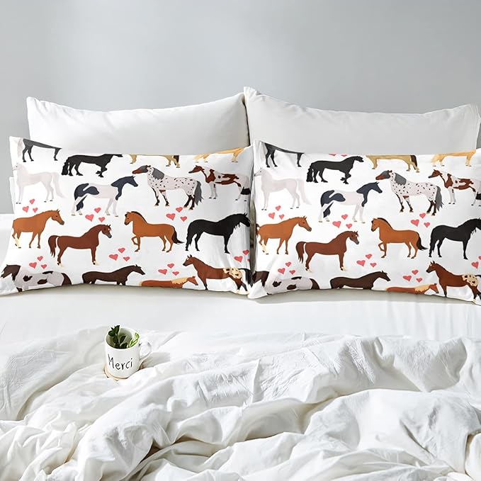 Horse Comforter Set Twin Farm Bedding Set Kids Boys Girls Teens Cute Animal Duvet Set Cartoon Horses With Pink Lover Heart Decor Kawaii Quilt Set Soft Lightweight Cowboy Cowgirls Comforter Set - LeafyLoom