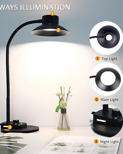 LED Desk Lamp for Office Home, Dimmable Reading Light with USB Charging Ports, Bedside Lamp with 5 Color Modes & Stepless Dimming, 360° Flexible Gooseneck Table Lamp(Adapter Included) - LeafyLoom
