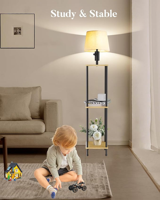 60IN Dimmable (Brightness Adjustable) Floor Lamp with Shelves, 3-Tier Corner Standing Lamp with Fabric Shade, E26 Bulb, Storage Shelf Tall Lamp for Living Room, Bedroom - LeafyLoom