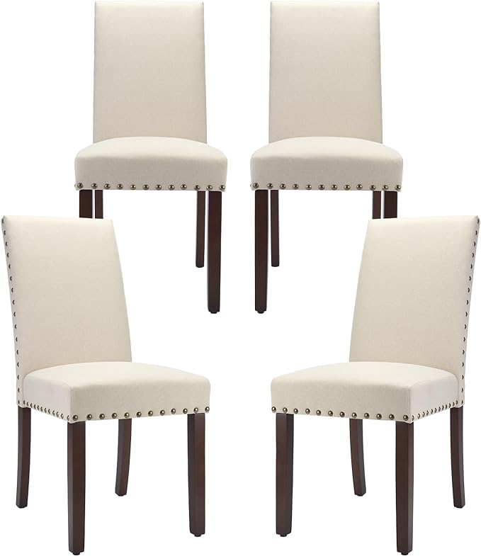 COLAMY Modern Wood Dining Chairs Set of 4,19 Inch Parsons Dining Chairs, High Back Padded Chairs with Nailed Trim, Kitchen Dining Room Chairs, Beige - LeafyLoom