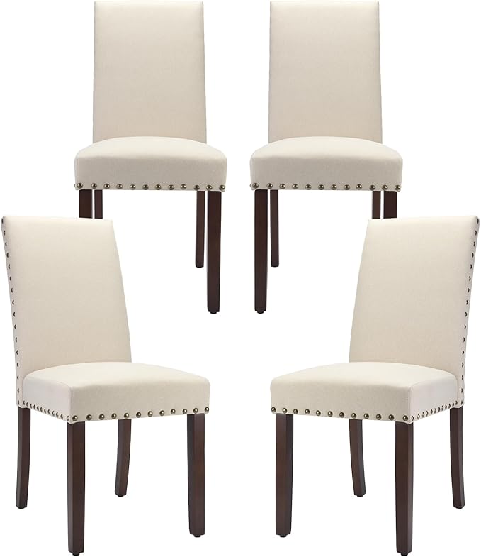 COLAMY Modern Wood Dining Chairs Set of 4,19 Inch Parsons Dining Chairs, High Back Padded Chairs with Nailed Trim, Kitchen Dining Room Chairs, Beige - LeafyLoom