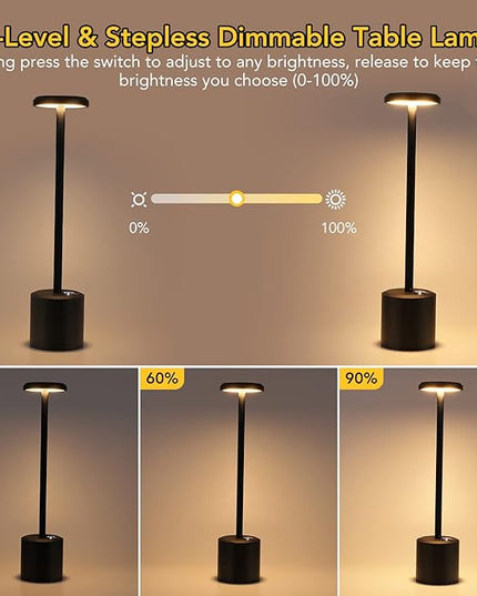 Cordless Table Lamp Rechargeable LED Touch Lamp, 5000mAh Battery Operated Lamp, 3 Color Stepless Dimming Table Light Desk Lamp for Restaurant/Bedroom/Bars/Patio/Indoor/Outdoor(Black) - LeafyLoom