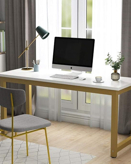Tribesigns Computer Desk, 63 inch Large Office Desk, Study Writing Table for Home Office, Easy Assemble, White Gold - LeafyLoom