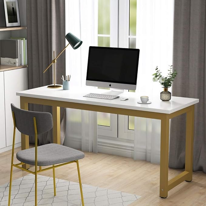 Tribesigns Computer Desk, 63 inch Large Office Desk, Study Writing Table for Home Office, Easy Assemble, White Gold - LeafyLoom