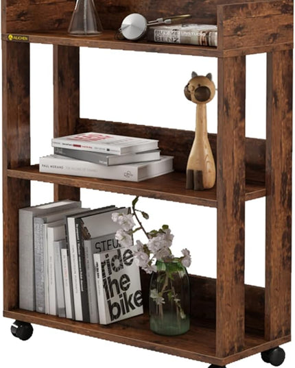 3 Tier Nightstand with Wheels, Wood Small Bookshelf and Bookcase, Farmhouse Bedside End Table with Storage Rack for Bedroom, Library, Living Room, Home, Office Cart, Rustic - LeafyLoom