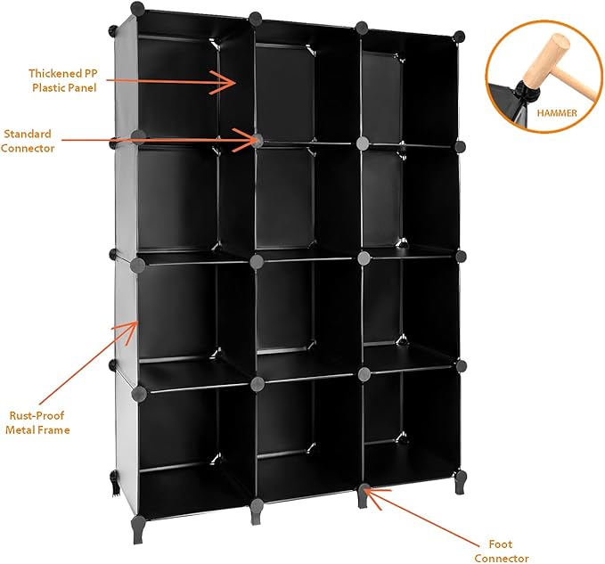 Gold Armour Cube Storage 12-Cube Bookshelf Closet Organizer Storage Shelves Cubes Organizer Plastic Square Book Shelf Bookcase DIY Closet Cabinet Organizer Shelving for Home Office Bedroom (Black) - LeafyLoom