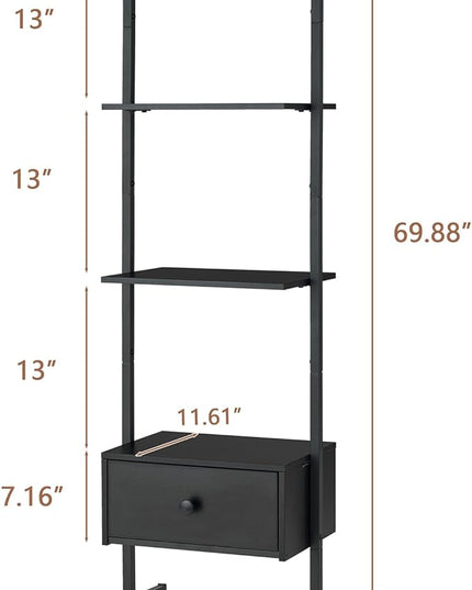 Tajsoon Ladder Shelf, Tall Bookcase with Storage Drawers, 4-Tier Wood Wall Mounted Bookshelf, Open Display Rack, Storage Shelves for Bedroom, Home Office, Collection, Plant Flower, Black - LeafyLoom