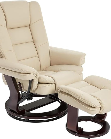 JC Home Swivel Ottoman Bonded Leather Recliner Chair and Foot Rest for Living Room, Home Theater, Man Cave, Bedroom-Round Mahogany Base-Modern, Contemporary Furniture, offwhite - LeafyLoom
