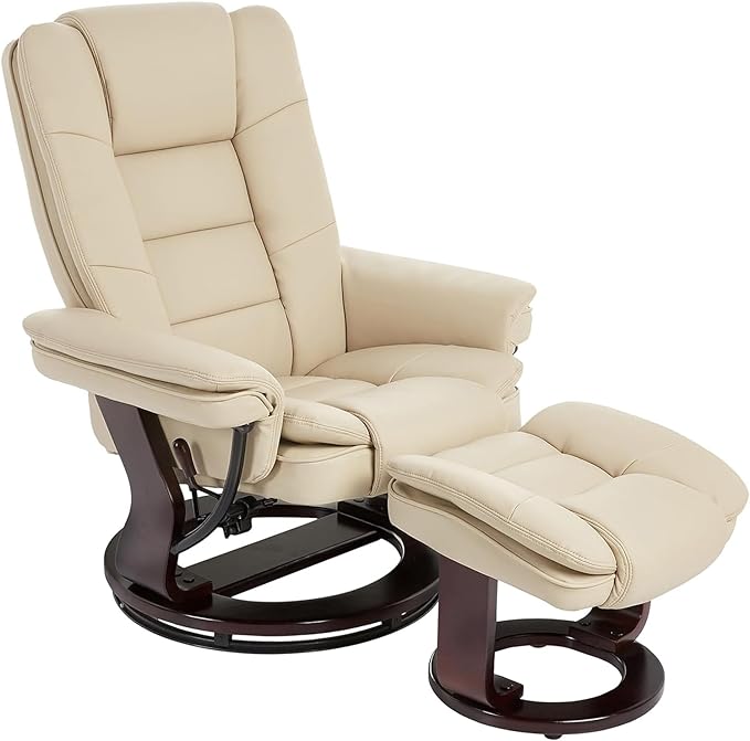 JC Home Swivel Ottoman Bonded Leather Recliner Chair and Foot Rest for Living Room, Home Theater, Man Cave, Bedroom-Round Mahogany Base-Modern, Contemporary Furniture, offwhite - LeafyLoom