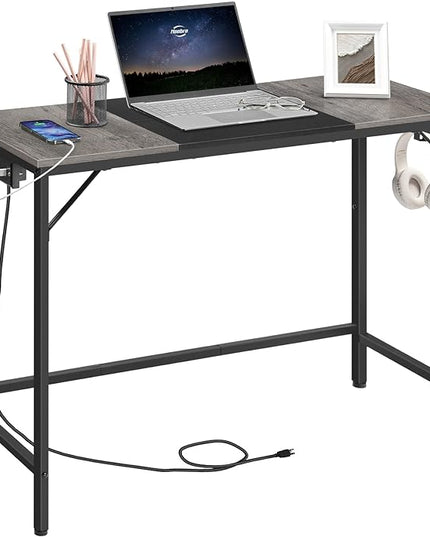 HOOBRO Computer Desk, Home Office Desk with Power Outlet, Modern Study Writing Desk with 3 Hooks for Study Room, Home Office, Sturdy and Stable, Easy to Assemble, Charcoal Gray and Black BC41UDN01 - LeafyLoom