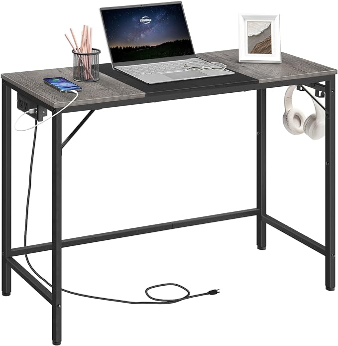 HOOBRO Computer Desk, Home Office Desk with Power Outlet, Modern Study Writing Desk with 3 Hooks for Study Room, Home Office, Sturdy and Stable, Easy to Assemble, Charcoal Gray and Black BC41UDN01 - LeafyLoom