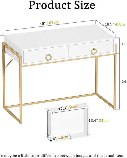 Anmytek Home Office Writing Desk 2 Drawers Storage, Contemporary Makeup Vanity Table Study Desk, W/Matte White and Gold Finish Frame D0003 - LeafyLoom