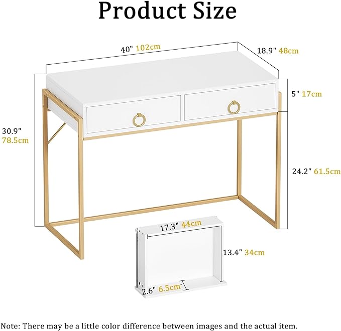 Anmytek Home Office Writing Desk 2 Drawers Storage, Contemporary Makeup Vanity Table Study Desk, W/Matte White and Gold Finish Frame D0003 - LeafyLoom