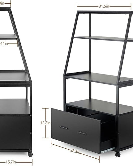 2 Drawer Lateral File Cabinet with Bookshelf, Industrial 4-Tier Filing Cabinet Printer Stand with Wheels, Ladder Shelf Stand with Open Storage for Home Office,Black - LeafyLoom