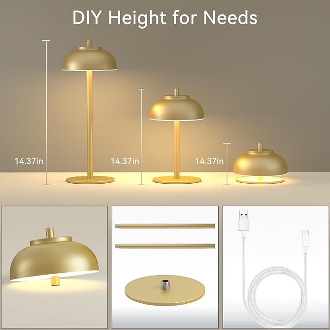 2 Pack Gold Led Cordless Table Lamps Rechargeable,Table Lights Battery Operated-IP65 Waterproof-for Outdoor Patio/Restaurants/Home/Dinner/Table top Lighting-Touch Control & Dimmable - LeafyLoom