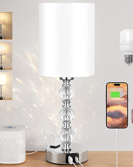 Touch Bedside Crystal Lamps for Bedrooms Nightstand with USB C+A Charging Port and AC Outlet White, 3 Way Dimmable Silver Small End Side Table Lamp for Living/Guest/Dinning Room/Kitchen - LeafyLoom