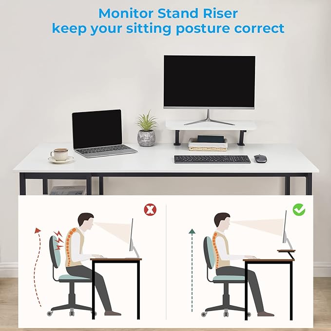 GreenForest Computer Home Office Desk with Monitor Stand and Reversible Storage Shelves,55 inch Modern Simple Writing Study PC Work Table,White - LeafyLoom