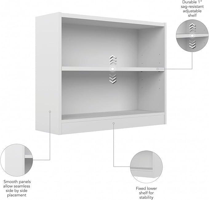 Bush Furniture Universal Small 2 Shelf Bookcase in White, Low Bookshelf for Living Room, Personal Home Office, or Professional Workspace - LeafyLoom