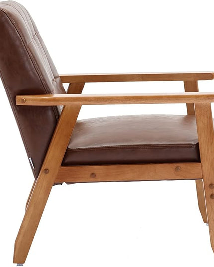 Mid-Century Accent, Modern Single Armchair, Upholstered Leisure Lounge Chair wth Solid Wood Armrest and Feet for Living Room, Bedroom, Office, Brown - LeafyLoom