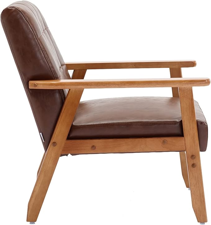 Mid-Century Accent, Modern Single Armchair, Upholstered Leisure Lounge Chair wth Solid Wood Armrest and Feet for Living Room, Bedroom, Office, Brown - LeafyLoom