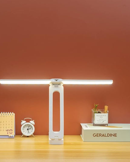Double Head Desk Lamp with Large Lighting Range,Mini Lamp for Small Spaces,Rechargeable Foldable and Portable Desk Lamp with USB-C Cable for Travelling,Small Desk Lamp for College Dorm, White - LeafyLoom