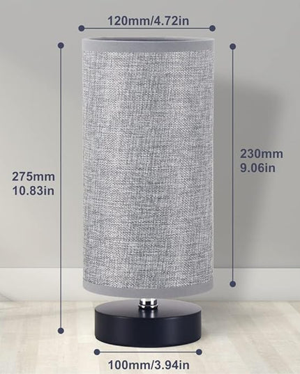Table Lamp, Bedside Nightstand Lamp, Simple Desk Lamp, Cylinder Table Lamp for Bedroom Living Room Office Study, Grey Shade and Black Base - LeafyLoom