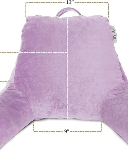 Nestl Reading Pillow with Portable Laptop Lap Desk, Velvet Feel Back Pillow for Sitting in Bed, Shredded Memory Foam Back Support Pillow for Bed, Bed Rest Pillow with Arms, Small - Lavender - LeafyLoom