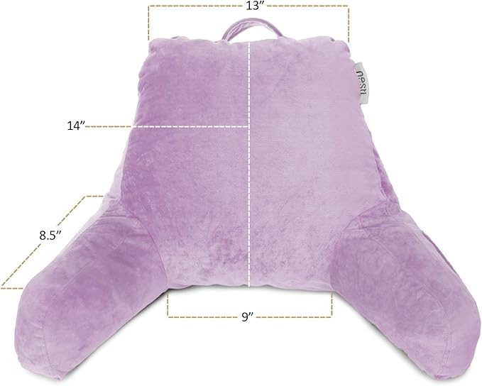 Nestl Reading Pillow with Portable Laptop Lap Desk, Velvet Feel Back Pillow for Sitting in Bed, Shredded Memory Foam Back Support Pillow for Bed, Bed Rest Pillow with Arms, Small - Lavender - LeafyLoom