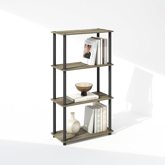 Furinno Turn-N-Tube 4-Tier Multipurpose Shelf Display Rack, Shelving Unit, Bookcase, French Oak/Black - LeafyLoom