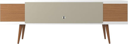 Manhattan Comfort Utopia 70.47" Freestanding Entertainment Center for Living Room, Mid Century Modern TV Stand with Shelves, Storage and Media Holes, Fits 65" Screens, 70.47 Inches, White and Maple - LeafyLoom