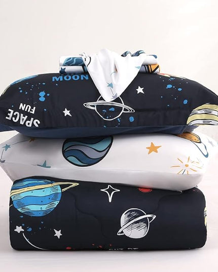 Wajade Kids Space Comforter Set Bed in A Bag Full Size 7 Piece 3D Space Rocket Planets Bedding Set for Teens Boys Girls (1 Comforter, 1 Flat Sheet, 1 Fitted Sheet, 2 Pillowcase and 2 Pillow Sham) - LeafyLoom