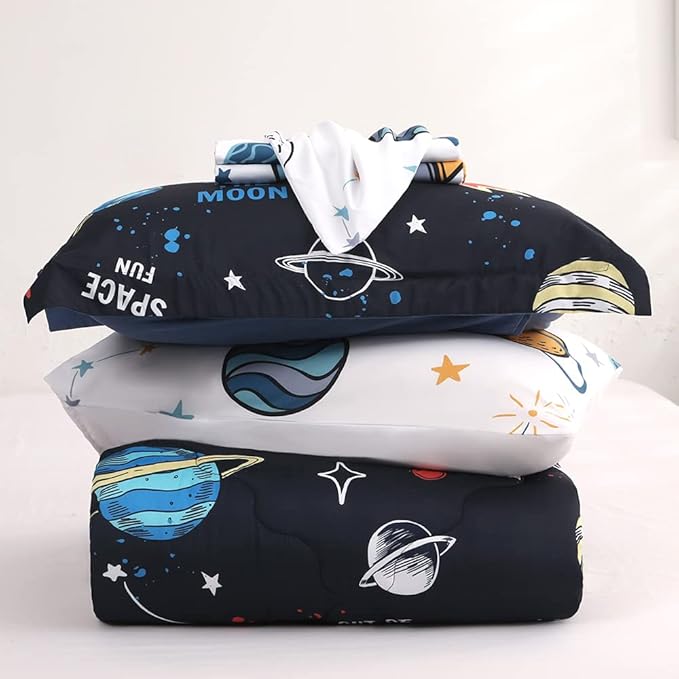Wajade Kids Space Comforter Set Bed in A Bag Twin Size 7 Piece 3D Space Rocket Planets Bedding Set for Teens Boys Girls (1 Comforter, 1 Flat Sheet, 1 Fitted Sheet, 2 Pillowcase and 2 Pillow Sham) - LeafyLoom
