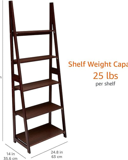 Amazon Basics Modern 5-Tier Ladder Bookshelf Organizer, Solid Rubberwood Frame, Espresso Finish, 14 D x 24.8 W x 70.1 H in - LeafyLoom