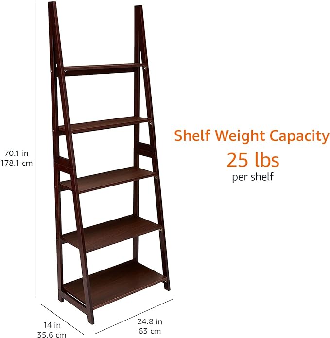 Amazon Basics Modern 5-Tier Ladder Bookshelf Organizer, Solid Rubberwood Frame, Espresso Finish, 14 D x 24.8 W x 70.1 H in - LeafyLoom