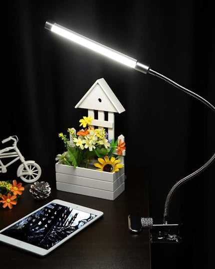 Meichoon Desk Lamp with Clamp Flexible Metal Hose Desktop Clip-On LED Illuminating Light Eye-Caring Table Lamp for Bedroom Bedside Office Study Work Reading Embroidery UK10 White - LeafyLoom