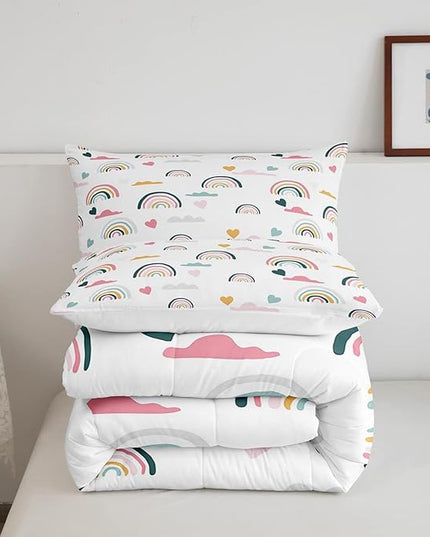 Erosebridal Kids Rainbow Bedding Set, Girly Love Heart Comforter Set Twin Size Cartoon Rainbow Cloud Duvet Sets for Girls Boys Women Bedroom Decor, Soft Microfiber Down Comforter 2 Pieces,Colorful - LeafyLoom