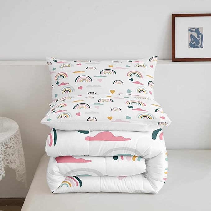 Erosebridal Kids Rainbow Bedding Set, Girly Love Heart Comforter Set Twin Size Cartoon Rainbow Cloud Duvet Sets for Girls Boys Women Bedroom Decor, Soft Microfiber Down Comforter 2 Pieces,Colorful - LeafyLoom