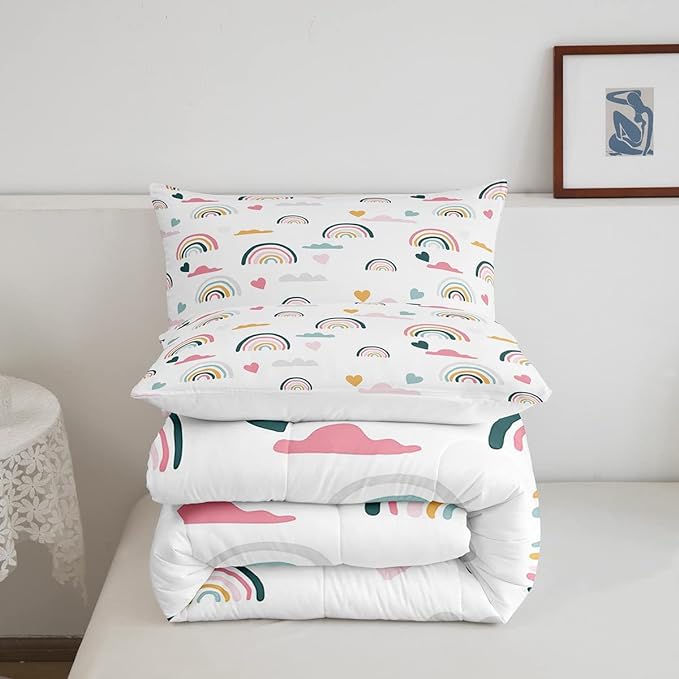 Erosebridal Kids Rainbow Bedding Set, Girly Love Heart Comforter Set Queen Size Cartoon Rainbow Cloud Duvet Sets for Girls Boys Women Bedroom Decor, Soft Microfiber Down Comforter 3 Pieces,Colorful - LeafyLoom
