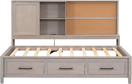 Twin Size Wooden Lounge Daybed with Storage Shelves, Cork Board, USB Ports and 3 Drawers, No Box Spring Needed, Antique Gray - LeafyLoom