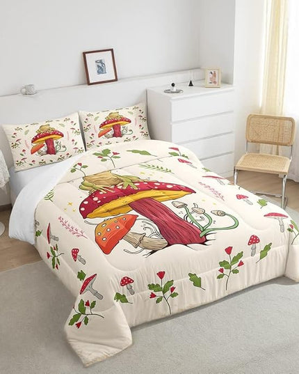 Frog Print Bedding Set Kids Kawaii Decor Comforter Set Frog Mushrooms Comforter Cover Set for Room Decor Botanica Cute Mushroom Decor Beige Red Duvet Set Full Size 3Pcs Quilt Set - LeafyLoom