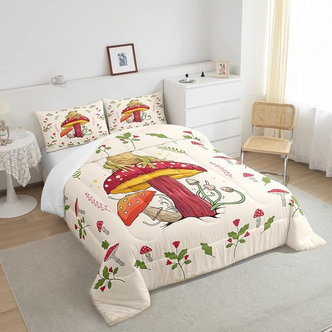Feelyou Frog Print Bedding Set Kids Kawaii Decor Comforter Set Frog Mushrooms Comforter Cover Set for Room Decor Botanica Cute Mushroom Decor Beige Red Duvet Set Twin Size 2Pcs Quilt Set - LeafyLoom